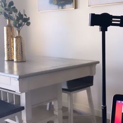 **For Sale: Sturdy Light Gray Distressed Wooden Dining Table Set with Storage**  