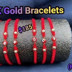 18K Gold Bracelets - Handmade Red String & Evil Eye Charm