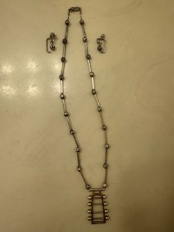 Vintage Italian Sterling Silver Modernist Geometric Ladder Pendant Necklace & Earrings Set