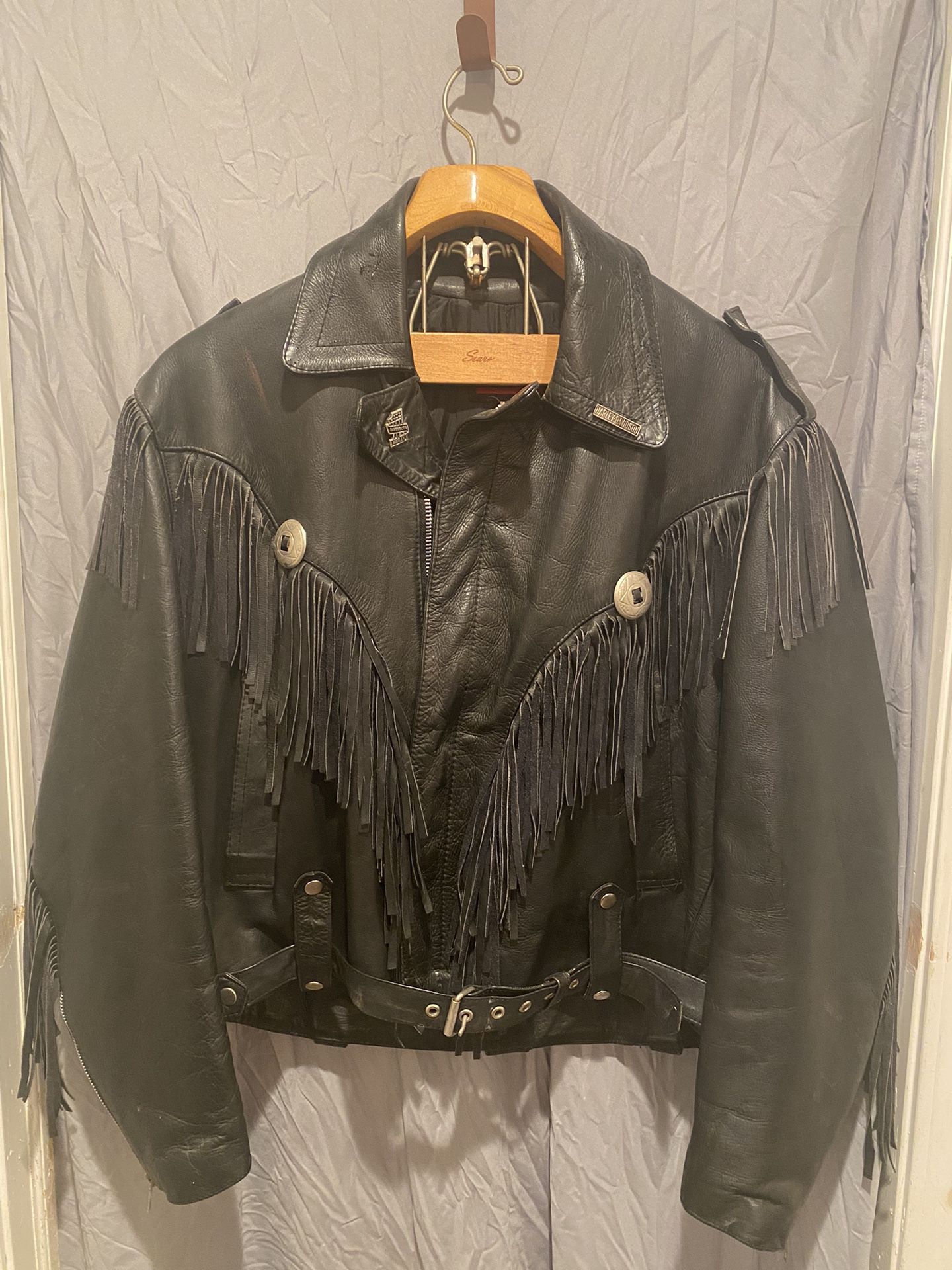 ICS Heavy Leather biker Jacket with fringe and silver embellishments