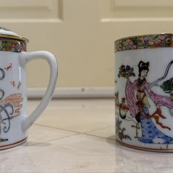 New Chinese Porcelain Mug Set with Lid - Hand-Painted Figures & Landscape (2-Piece)