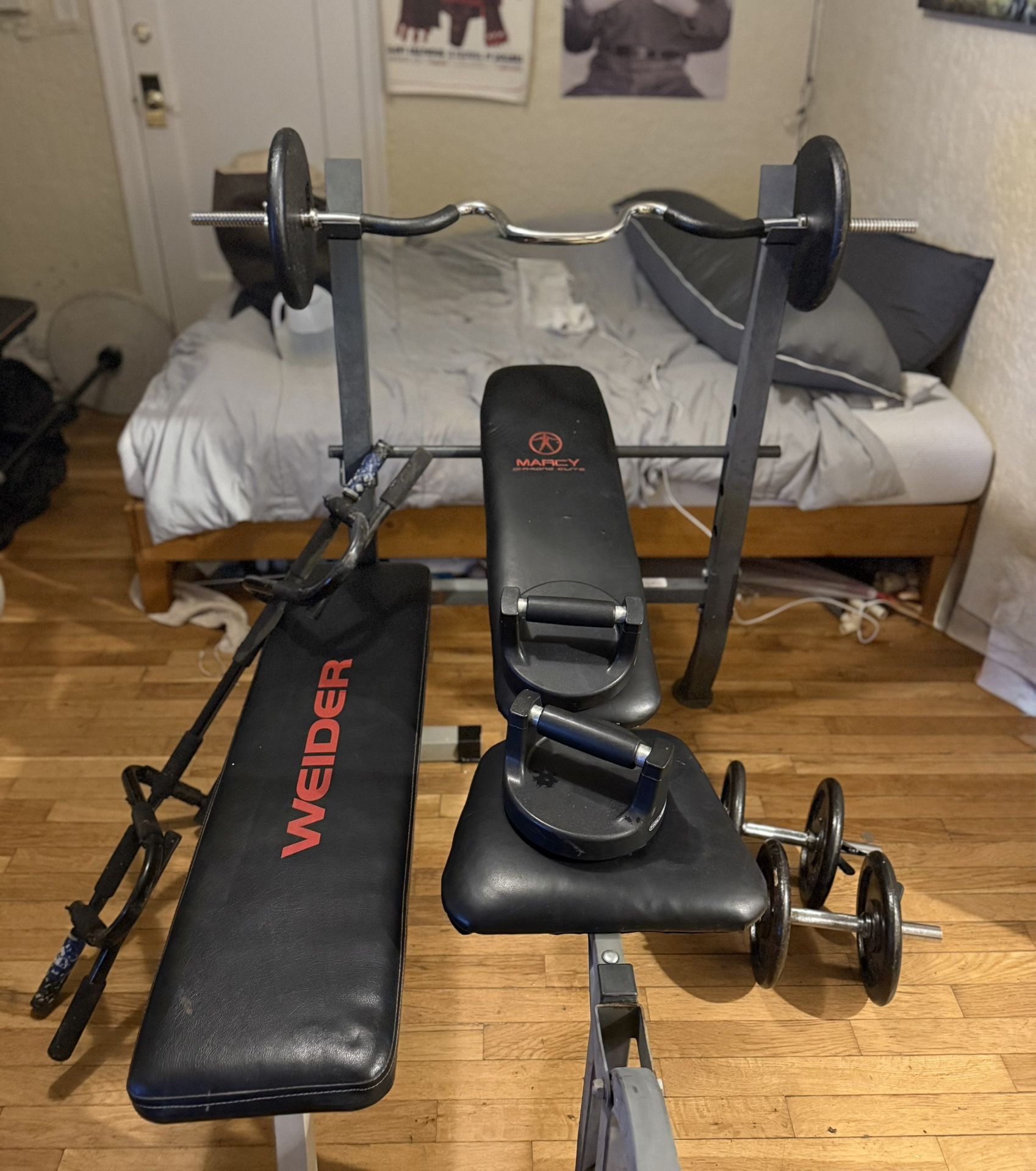 Full Home Gym Set – Benches, Weights, EZ Curl Bar, Adjustable Dumbbells, HolaHatha Push-Up Bars -180