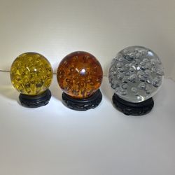 Rare Set Of 3-Very Large, Large, Medium, Italian Art Glass Murano Styled Controlled Bubble Paperweight Yellowish Color, Amber, & Clear On Stands