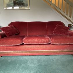 Vintage Burgundy Mohair Couch MCM with Wood Accents