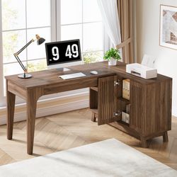L-Shaped Desk with Storage Cabinet, 57-Inch Wood Corner Workstation, Home Office Computer Desk, Study Writing Table for Bedroom, Walnut