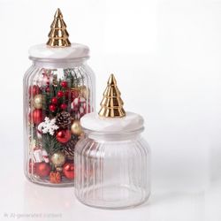 Mimorou 2pc Glass Jars Airtight Lids Ribbed Gold Christmas Tree Accent Top NIB