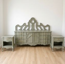 French Provincial Vintage Green King Size Bedroom Set