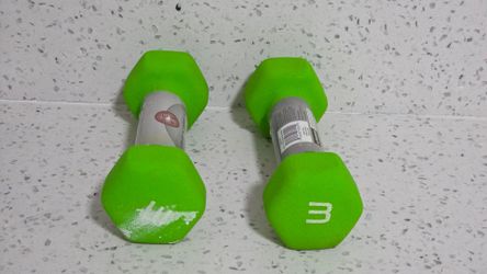 2x Dumbbells 3lb  Weight Each. Lime Green. New But Have Some Discoloration By Being In Storage And 1 Has A Bit Of Paint On One Side