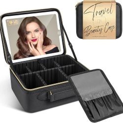 JUSRON Travel Makeup Bag With LED Mirror,Train Case with Light up Mirror
