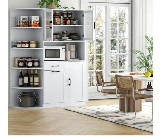 Kitchen Pantry Cabinet w/Tilt-Out Trash Storage & 5-Tier Side Shelves, Freestanding Huntch w/Microwave Stand, Glass Door & Adjustable Shelves,Cupboard