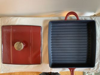 11” Mario Batali Red Enameled Cast Iron Grill Pan Panini Press w/ Lid Logo EUC