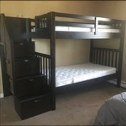 Bob's Bunkbed Keystone Twin over Twin Espresso Staircase way Bunk Bed with 2 Mattresses set / Clean