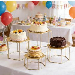 New -4 Piece Gold Dessert Table Display Set, Metal Buffet Risers Display Stands, No Assembly, Space-Saving Nesting Cake Cookie Stands for Party Weddin