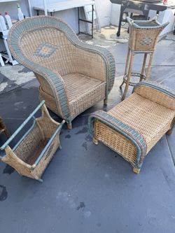 French Grange Style Rattan Wicker Lounge Chair and Ottoman