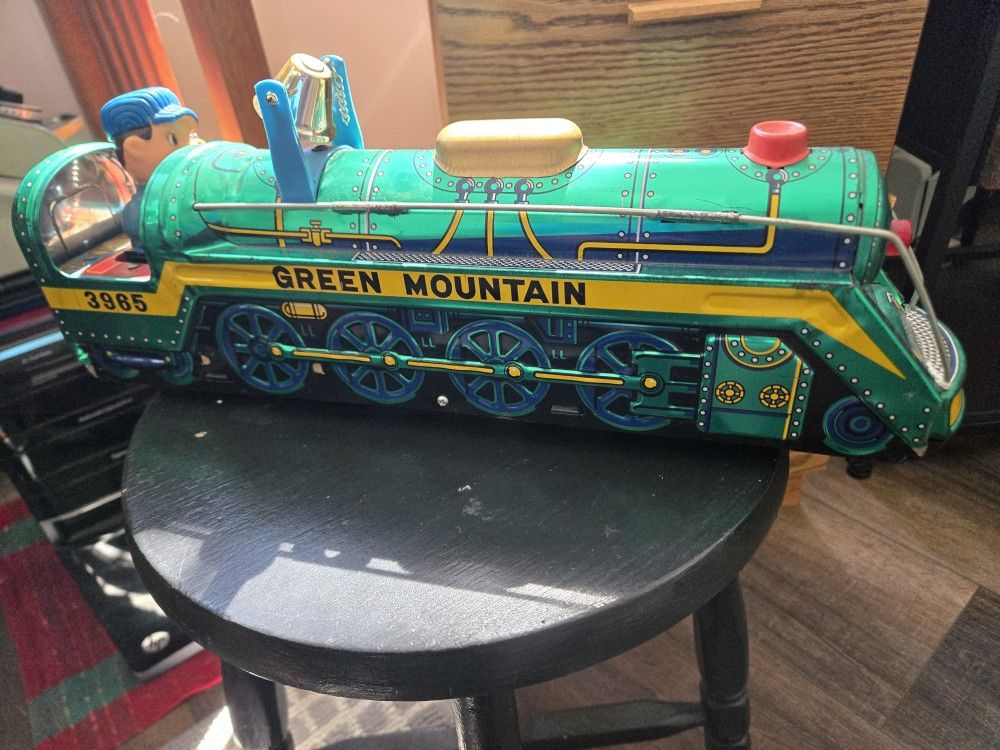 Vintage Trade Mark Toys Bell Clanger Green Mountain Express Tin Litho Toy Made In Japan