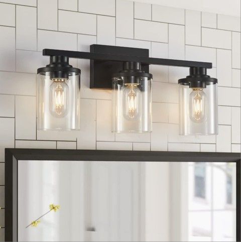 Stambord 3-light Bathroom Light Fixture Black With Clear Glass Shades New