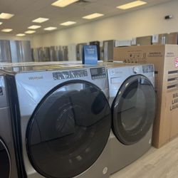 Whirlpool High Efficiency Stackable Front Make Washer And Electric Dryer In Chrome Shadow 