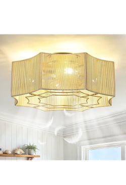 Brand New Boho Ceiling Fan with Light, 20'' Flush Mount Caged Ceiling Fan with Light Remote Control, Cotton Rope Low Profile Fandelier with 6 Speeds f