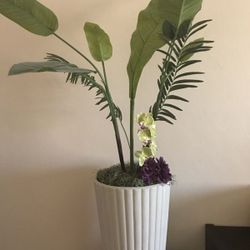 Artificial banana and tropical leaves with real touch in beige planter