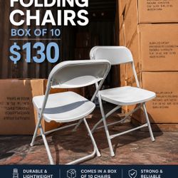 Box Of 10 White Folding Plastic Chairs Caja De 10 Sillas Plegables De Plástico Blancas 