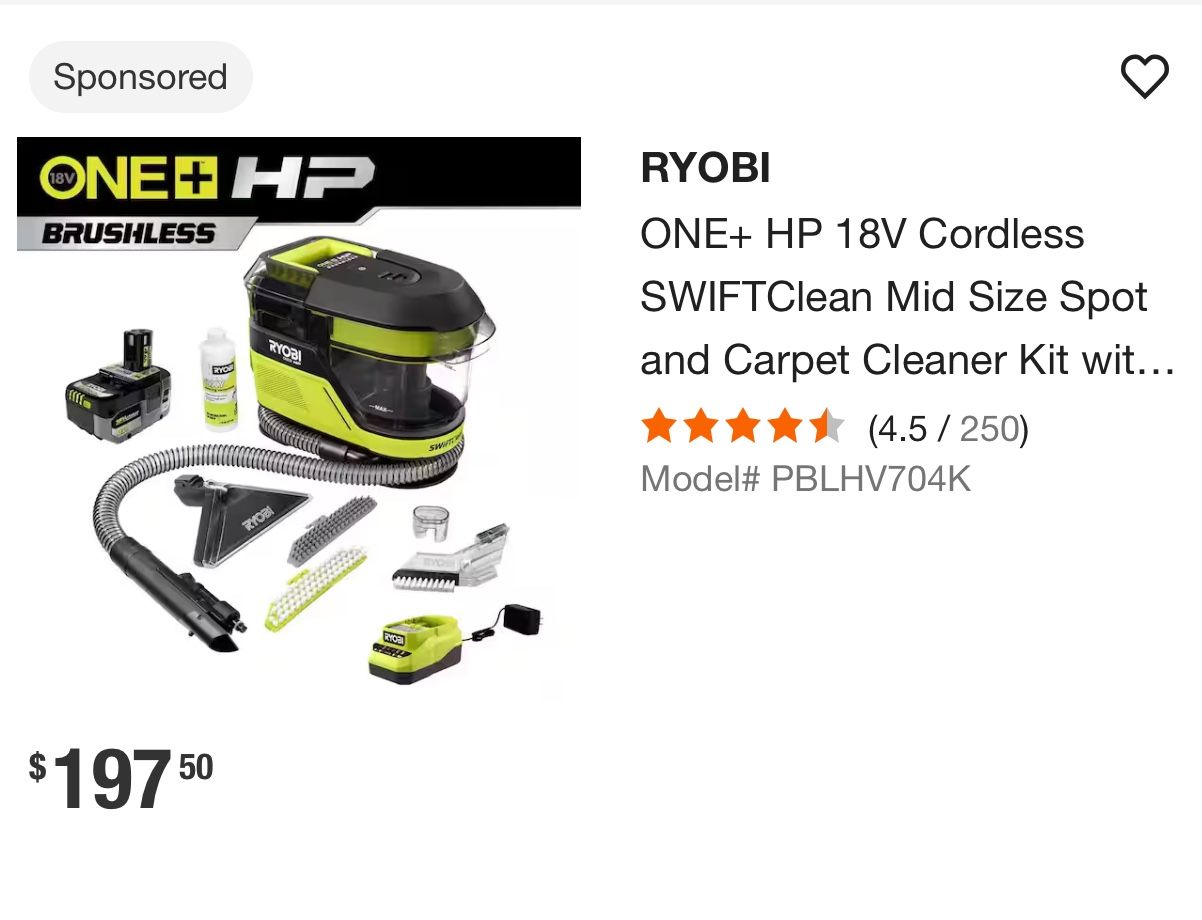Ryobi swift clean spot cleaner with battery and charger