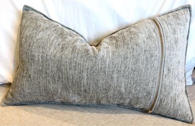 Designer Catherine Malandrino Gray Woven Lumbar Throw Pillow W/ Premium Down Filling, & Gold-Tone Zipper for Decor!