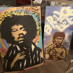 2 Jimi Hendrix and Bruce Lee Spray Paint Wood Art by local artists