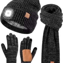 LED Beanie Gloves Scarf Set, Winter Hat with Light Built in Headlamp Caps Long Scarf Touchscreen Gloves, 3 in 1 Warm Gift Set
