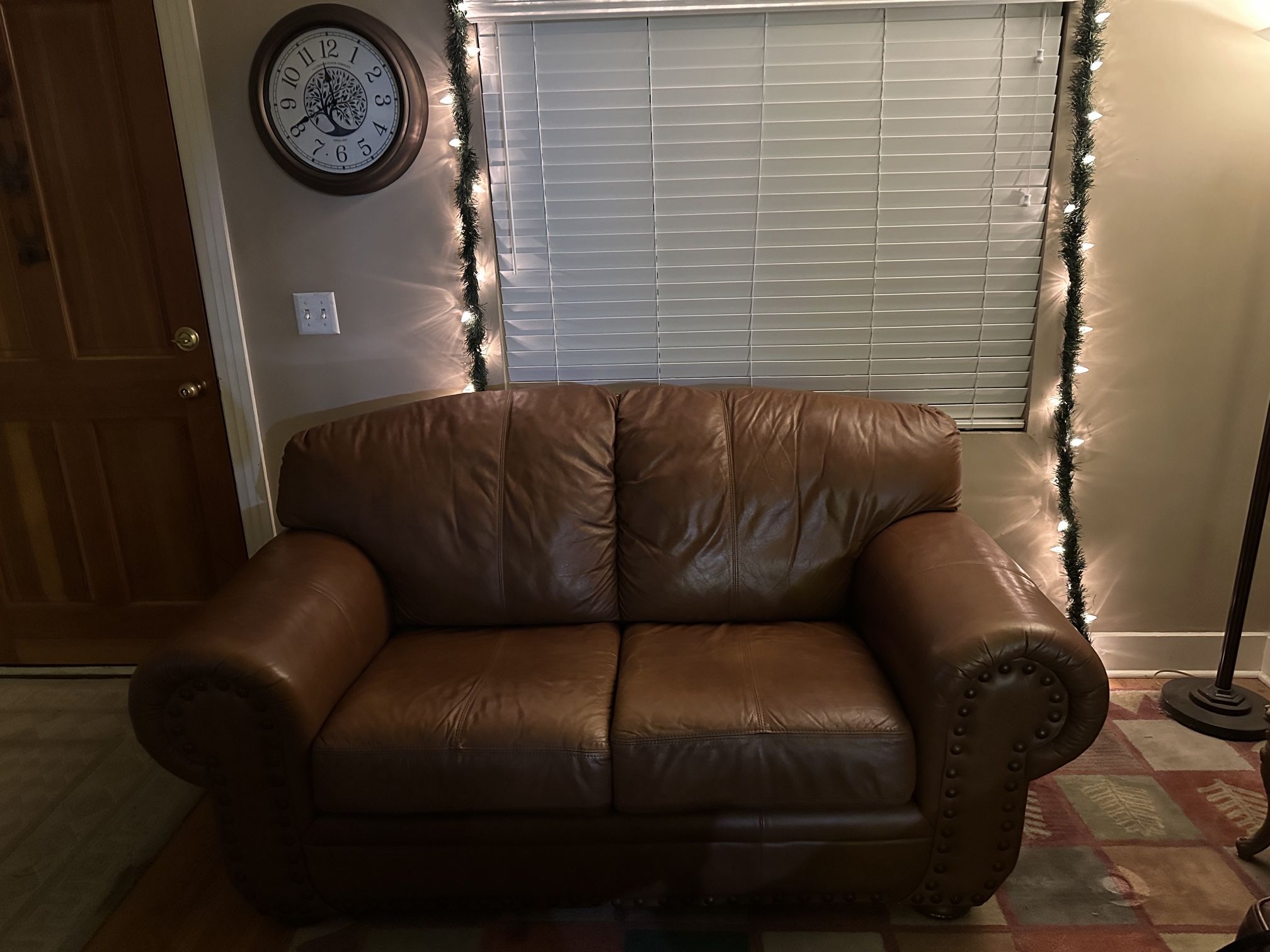 REAL BROWN LEATHER LOVESEAT COUCH (OTTOMAN INCLUDED FOR FREE)