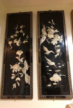 Set of 4 piece lacquer and mother of pearl oriental wall art