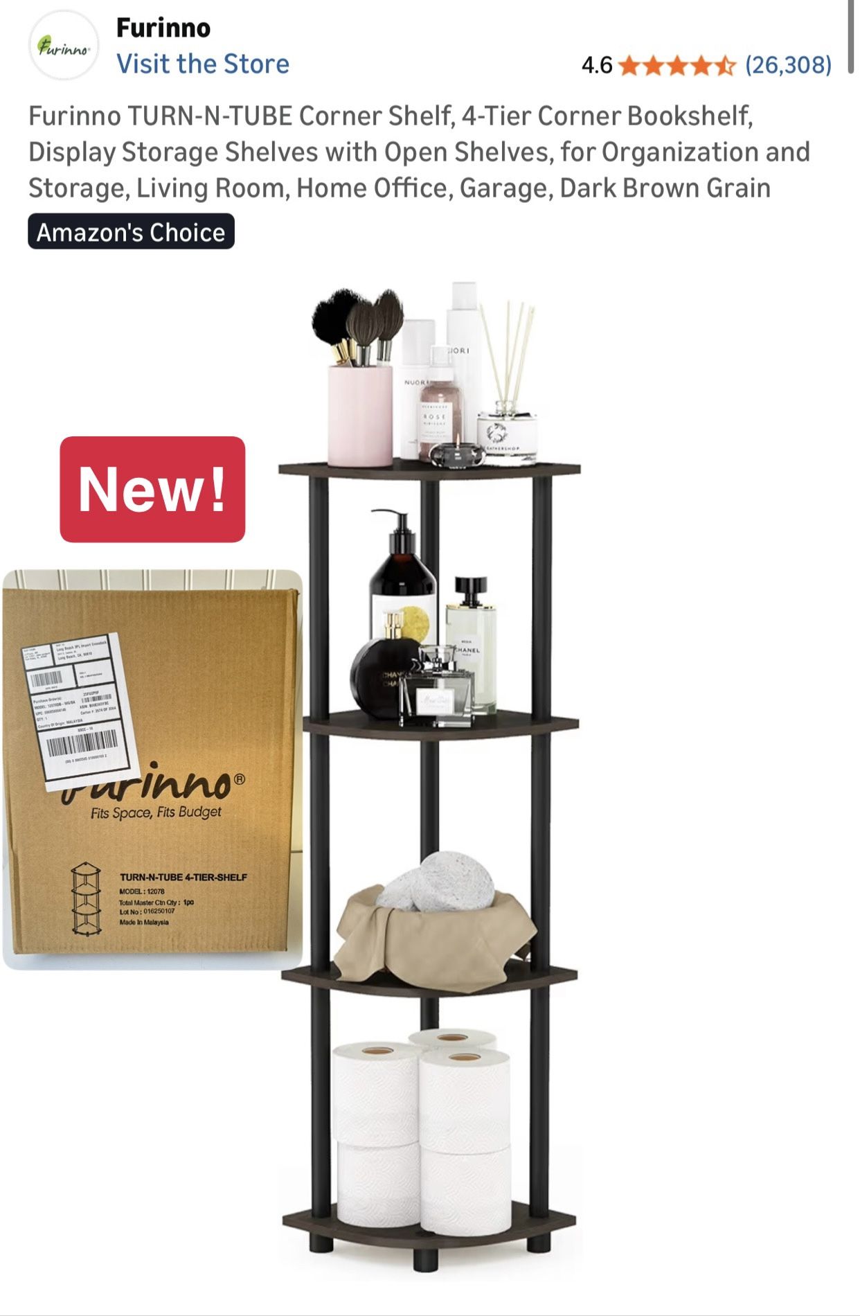 Furinno TURN-N-TUBE Corner Shelf, 4-Tier Corner Bookshelf, Display Storage Shelves with Open Shelves, for Organization and Storage, Living Room, Home 