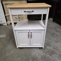 Small White / Wood Microwave Cart on Wheels
