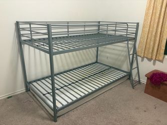 Grey metal twin bunk bed