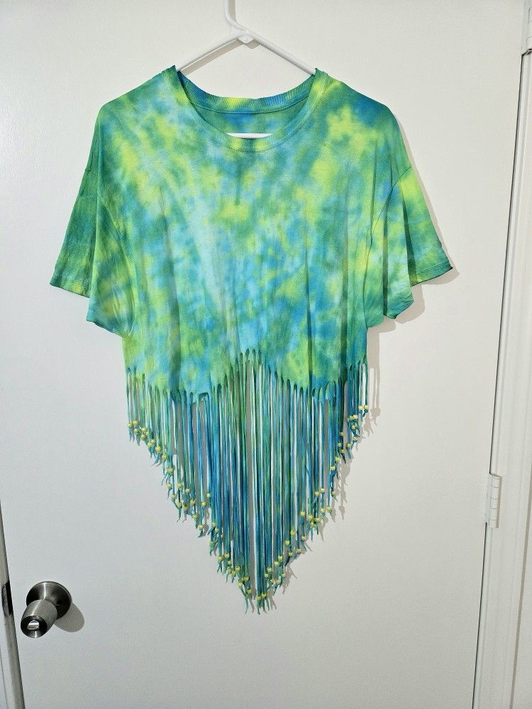 Tie-Dyed T-Shirt/Coverup w/Beads on Fringe Size Large