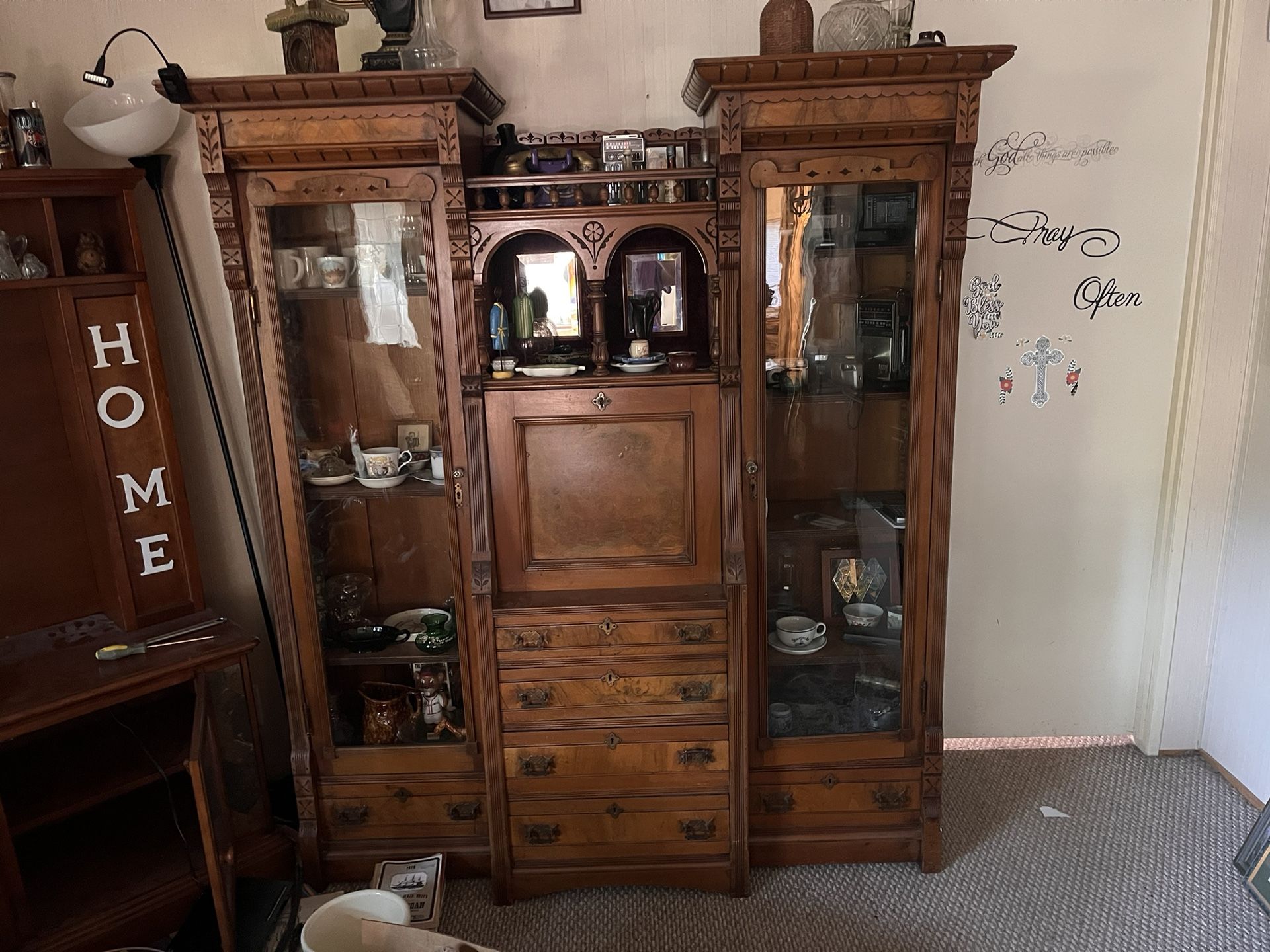 Eastlake Victorian secretary, desk with curio cabinets, original hand blown glass, great shape