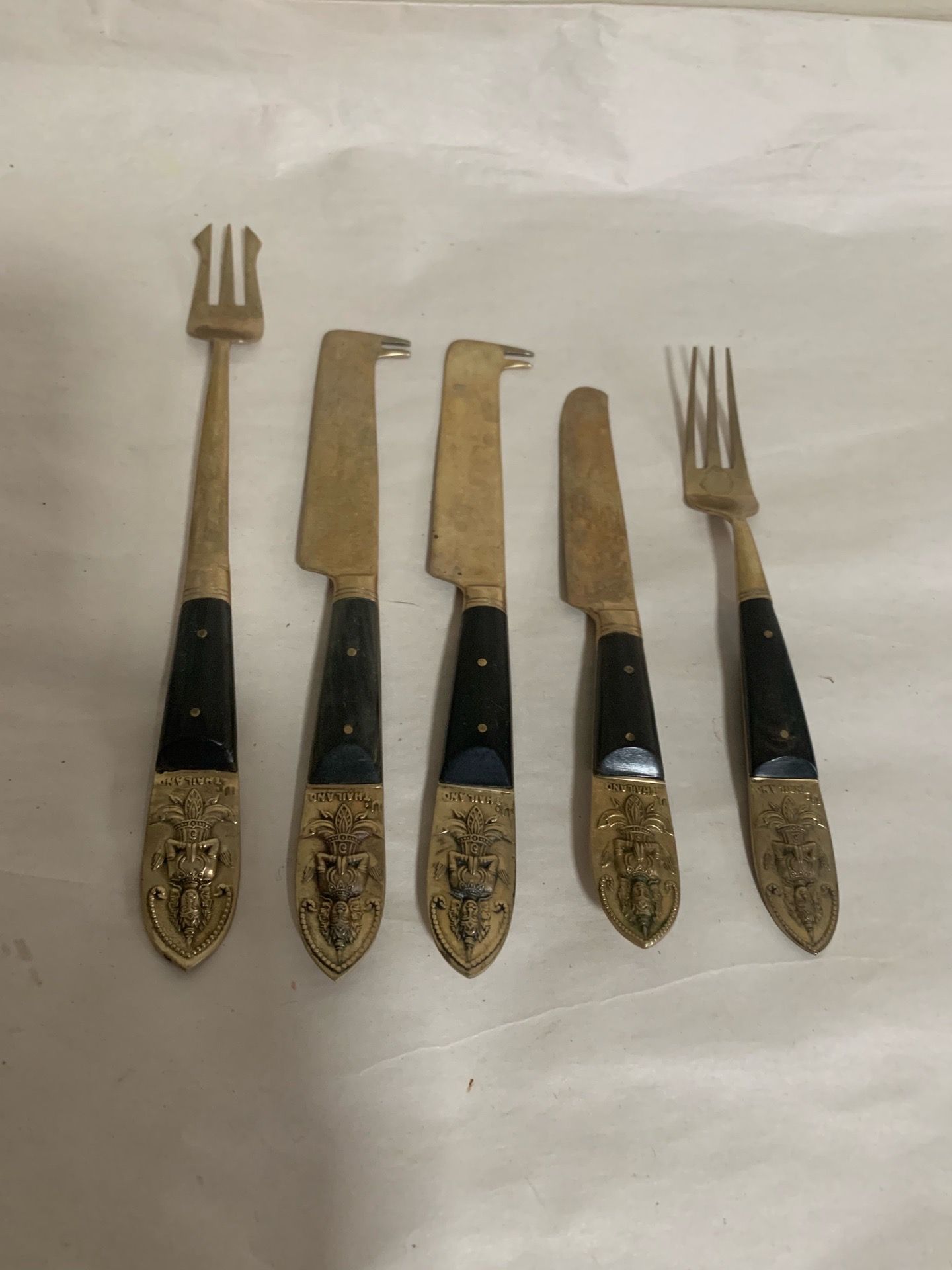 Vintage SIAM Buddha 5pc Thai Flatware Set Brass Bronze Black Wood Handles Knife