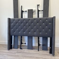 Queen Upholstered Bed Frame – Dark Gray Tufted Wingback