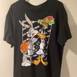 Space Jam Looney Tunes Daffy Duck and Bugs Bunny Large Black T-Shirt