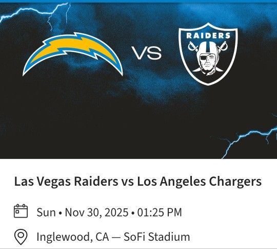 2 Raiders Vs Chargers Nov 30th At SoFi