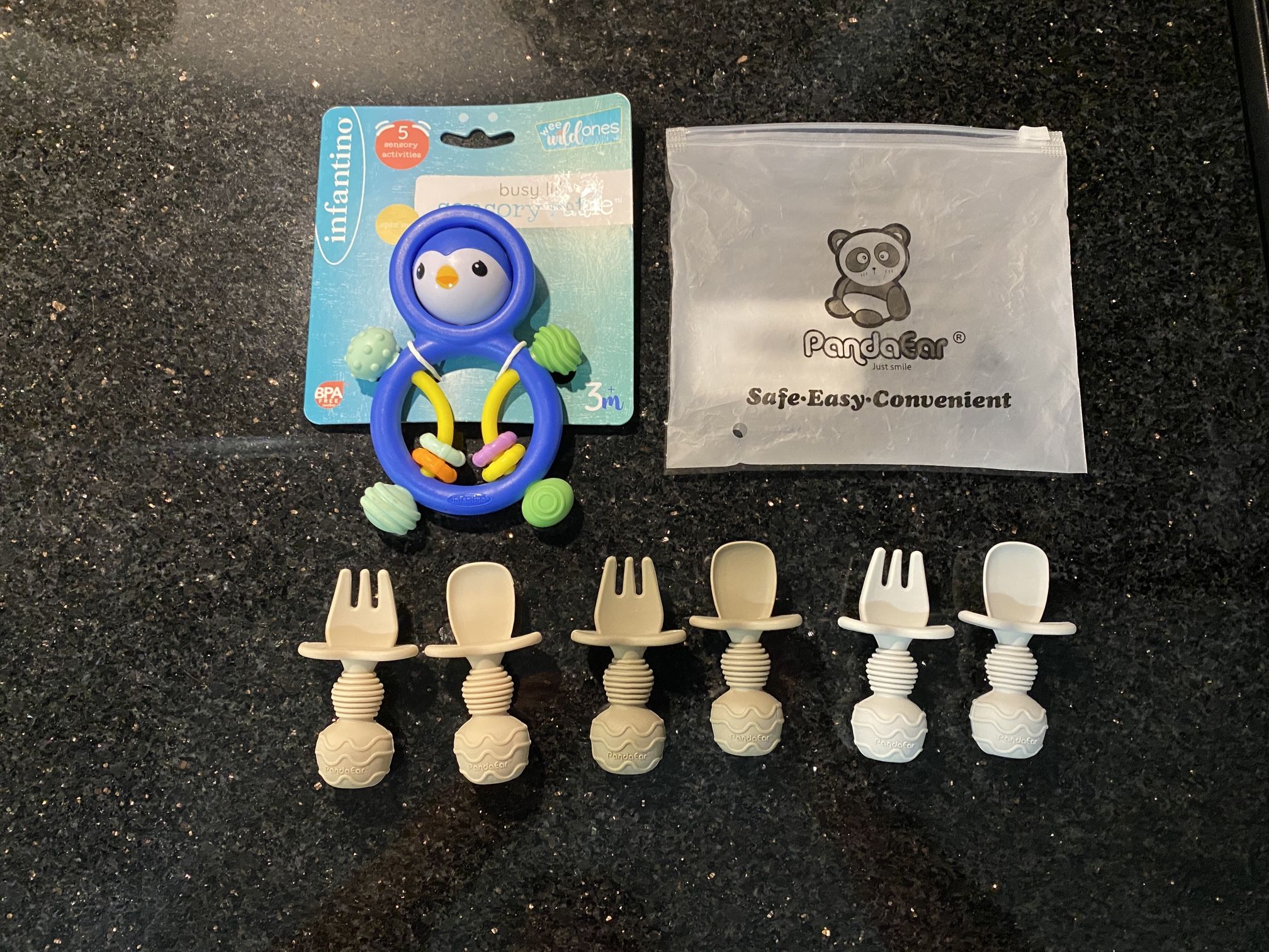 Silicone Baby Spoon & Fork Feeding Set (6-pk) & Busy Lil' Sensory Penguin Rattle