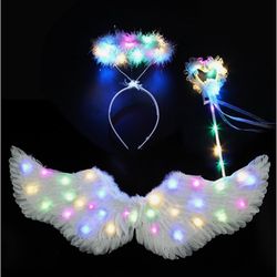 New Angel Costume for Woman Girls, Light Up Angel Wings and Halo & Wand, Halloween LED Angel Costume Set