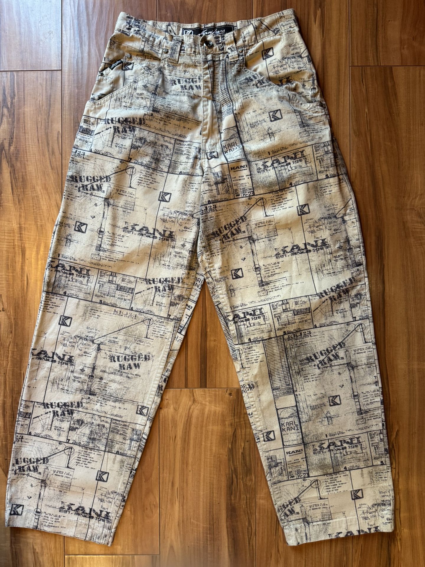 Mens Karl KANI Pants Jeans Rugged Raw 30 x 32 Printed Blueprint Architectural