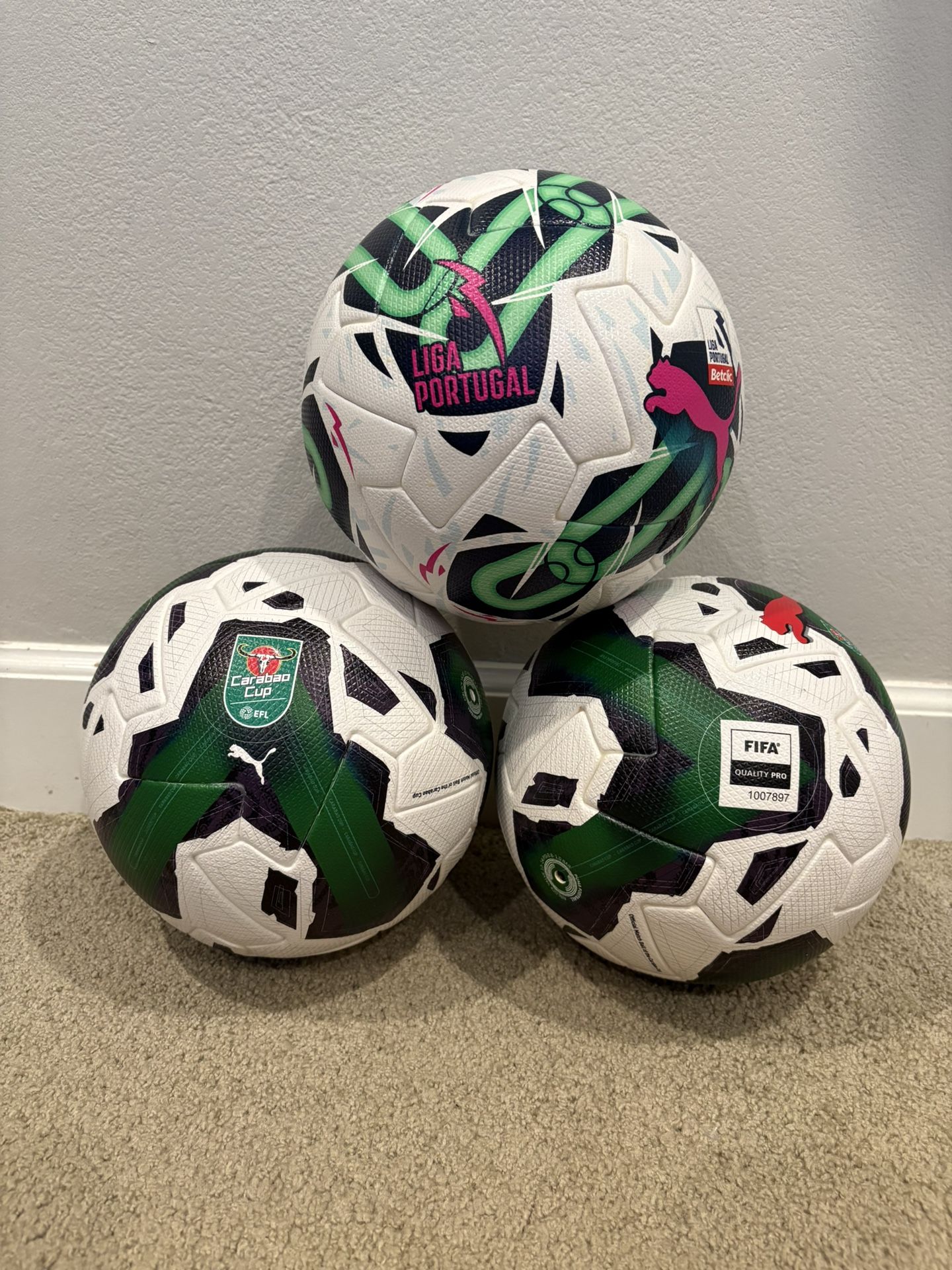 Lot of 3 Puma FIFA Quality Pro Soccer Balls Puma Orbita Liga and Carabao Cup