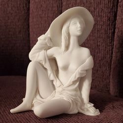 Female Nude in Revealing Robe W Hat - Italian Marble Statue