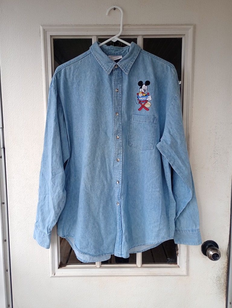 Vintage Crystal Springs Denim Shirt Embroidered Mickey Mouse Sz Large
