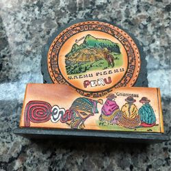 Hand Made 6 Coaster in Holder From Peru.