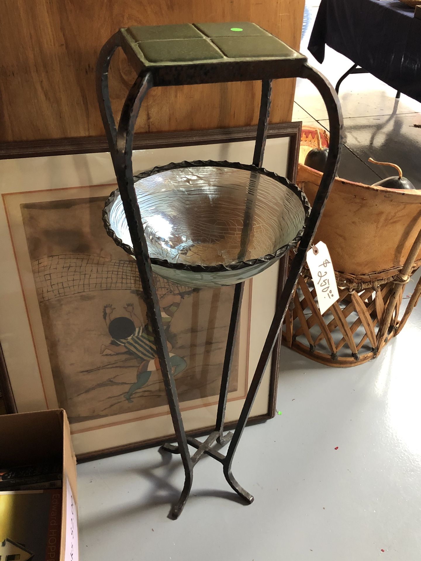 Tall Wrought Iron / Tile Plant Stand with Iridescent Glass Bowl Heavy