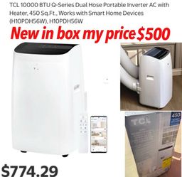 New Heater and A/C 2&1 get two devices in 1 machine New in box TCL 10000 BTU Q-Series Dual Hose Portable Inverter AC with Heater, 450 Sq.Ft., Works wi