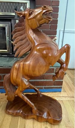 Large Hand-Carved Wooden Rearing Horse Sculpture