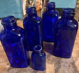 5 Antique Cobalt Blue Bottles